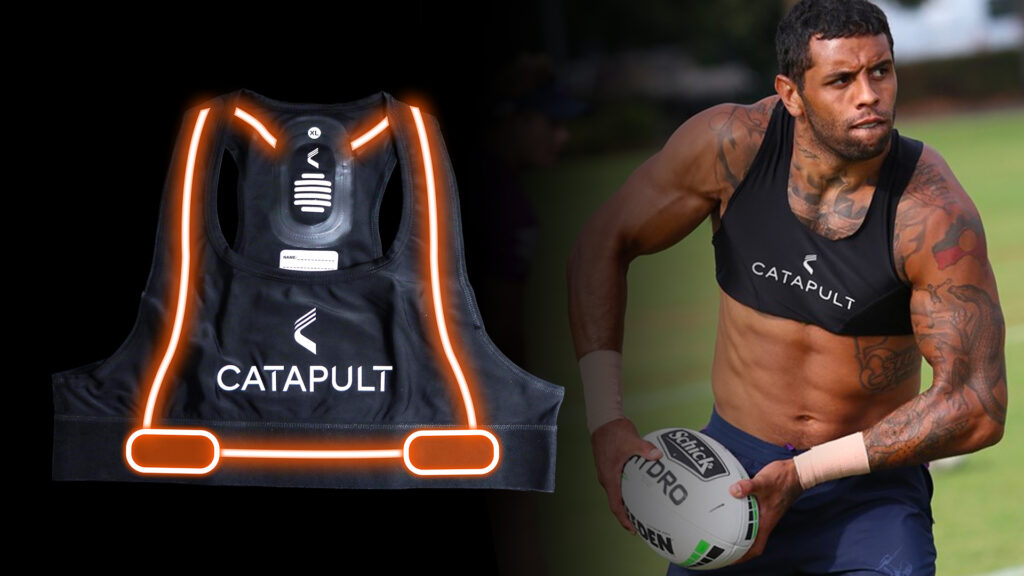 Athlete wearing a Catapult sports performance vest with heart rate monitoring capabilities, showcasing wearable technology for athlete monitoring and performance tracking.