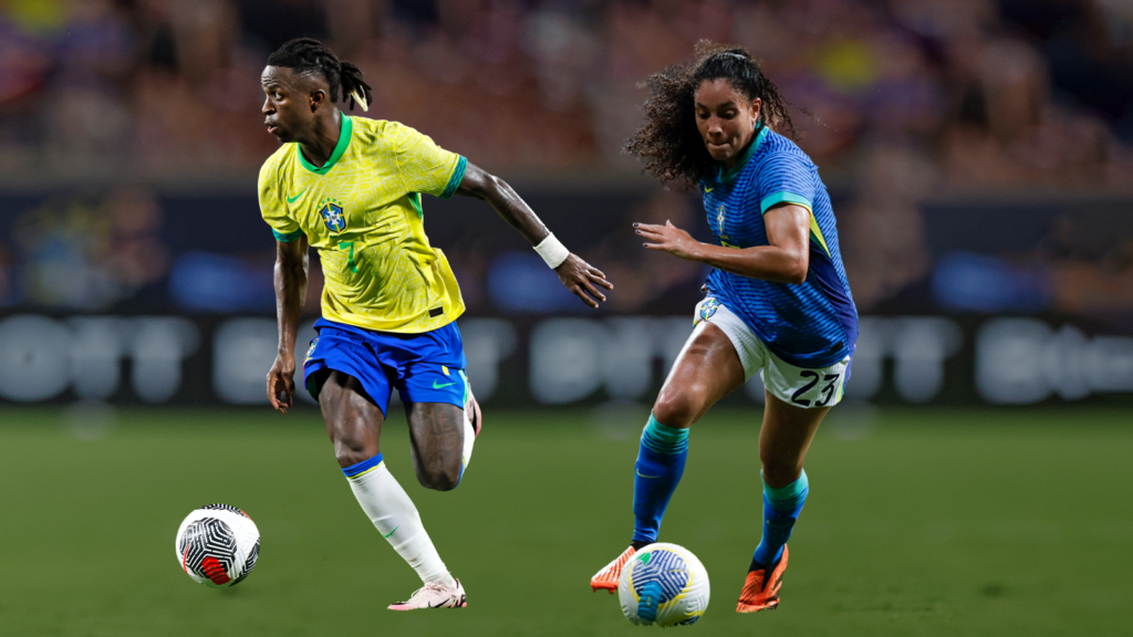 Two Brazilian football players, one in a yellow jersey and the other in a blue jersey, are actively engaged in a match. The player in yellow is skillfully maneuvering the ball, while the player in blue closely defends, showcasing intense competition and athleticism on the field.
