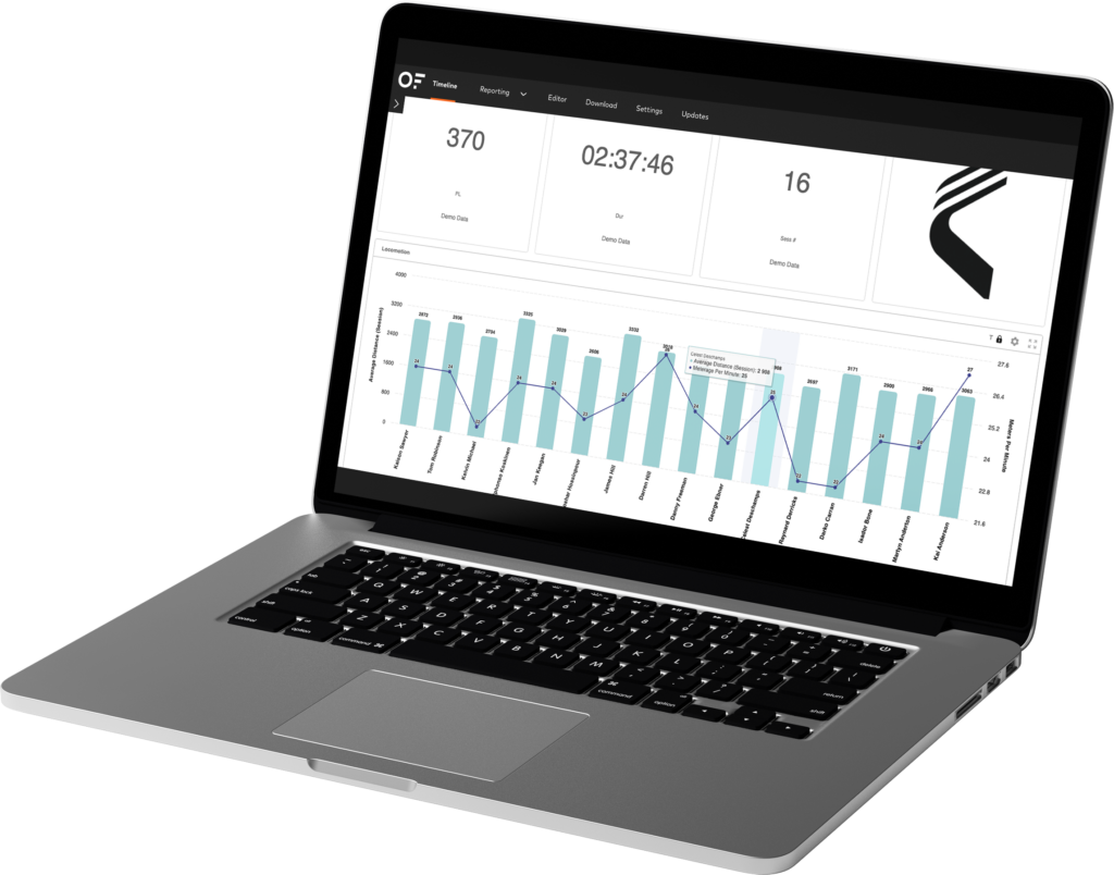 Um painel OpenField exibido na tela de um laptop mostrando análises detalhadas do desempenho do rugby, incluindo métricas de salto no alinhamento lateral.