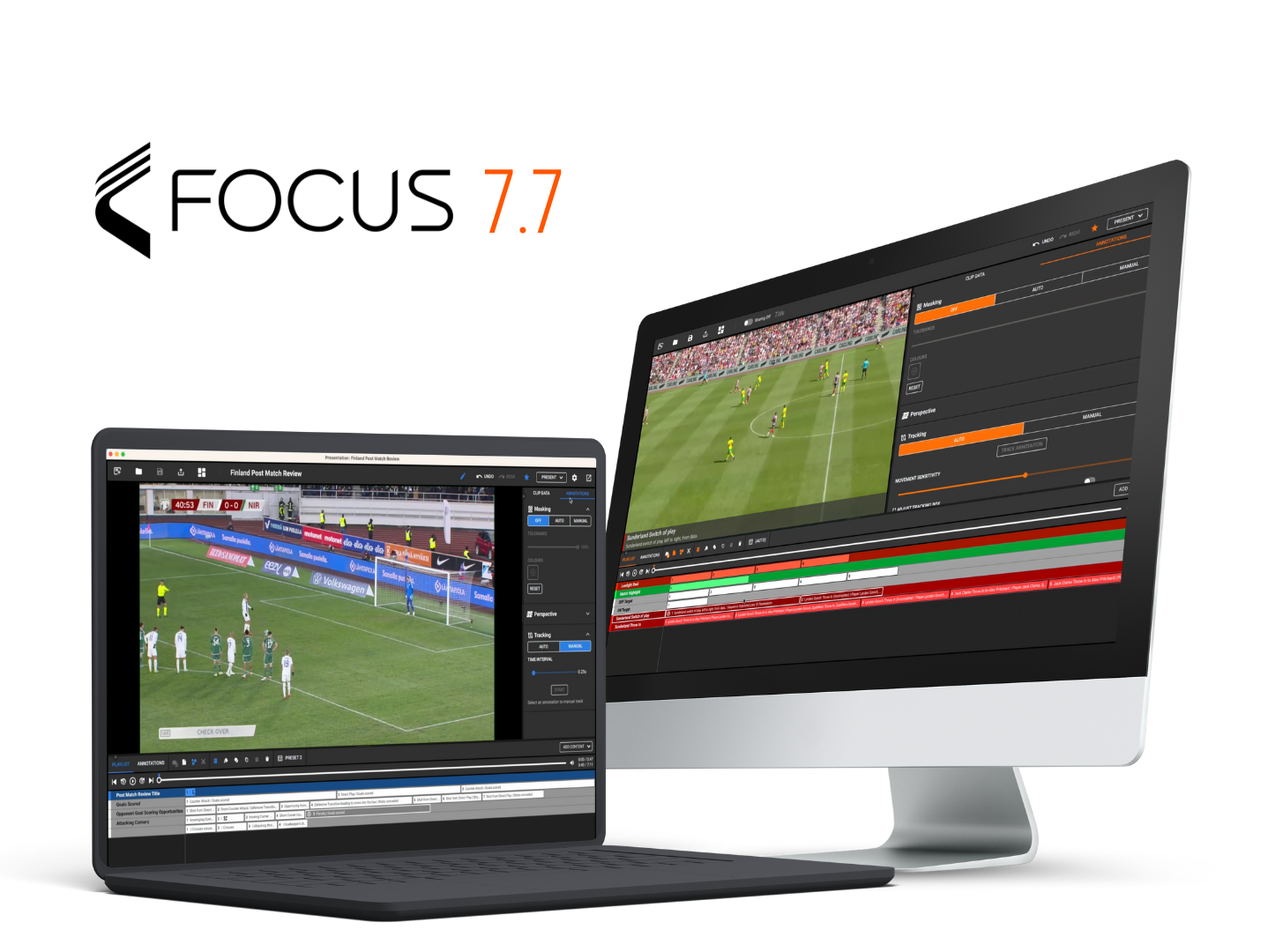 Focus 7.7 プラットフォームのサッカー分析インターフェイスを表示するラップトップ、デスクトップ、スマートフォンなどのさまざまなデバイス。デバイスはオレンジ色の背景の円形パターンで配置されています。