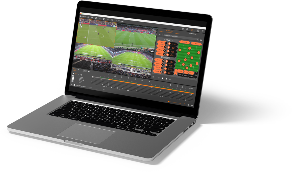 Un ordinateur portable affichant le logiciel Focus de Catapult lors d'un match de football, présentant une capture vidéo multi-angle et une intégration de données en temps réel pour des flux de travail adaptatifs dans le jeu.