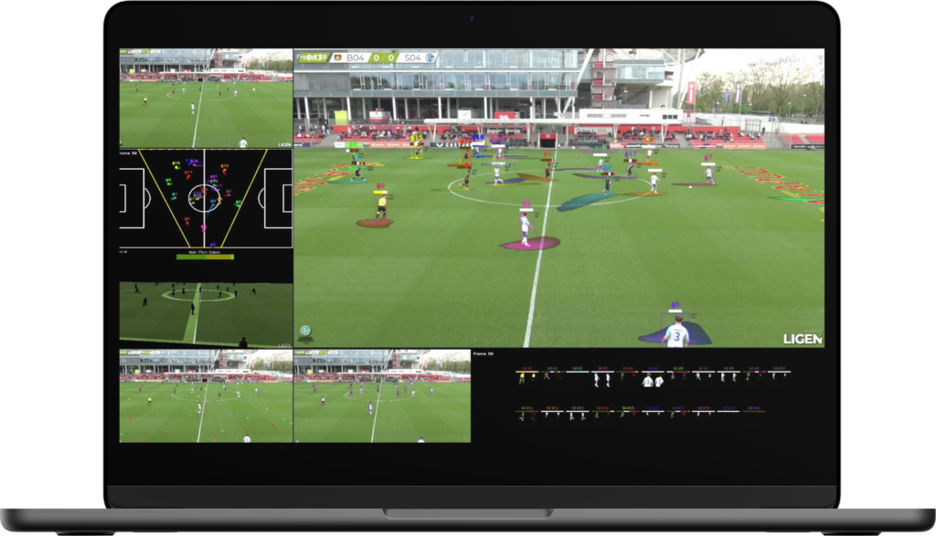 Um laptop mostrando um campo de futebol com diversas visualizações analíticas, incluindo posicionamento de jogadores e rastreamento de movimentos.