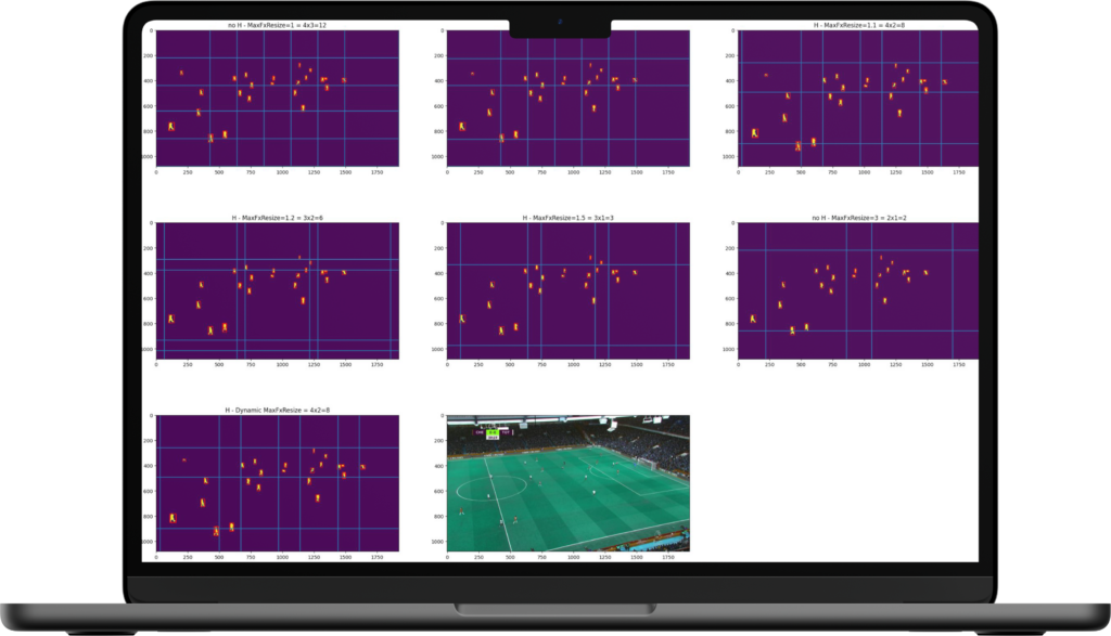 Um laptop exibindo uma grade de gráficos analisando as posições e movimentos dos jogadores em um campo de futebol, com uma sobreposição de imagens reais da partida.