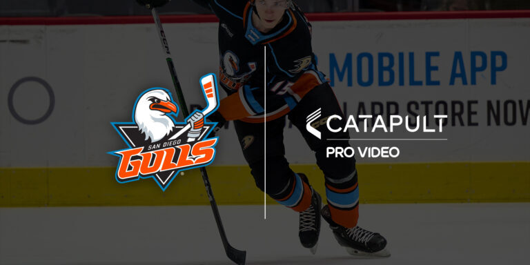 A San Diego Gulls hockey player in action on the ice, featuring the San Diego Gulls logo and the Catapult Pro Video logo side by side, highlighting their partnership in advanced video analysis for enhancing team performance.